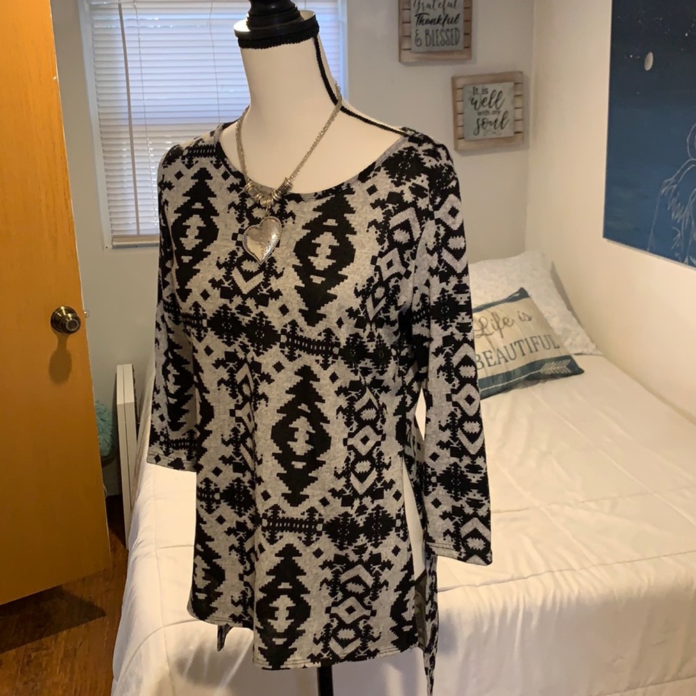 Black and gray blouse with native print